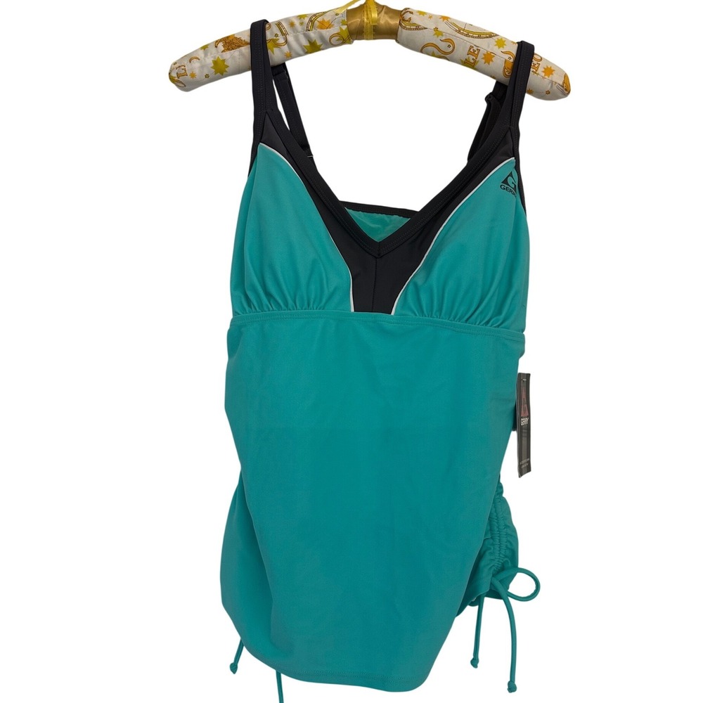 Gerry Womens Tankini Swim Top Tide Teal Black Cinch Sides Outdoor Sz L New